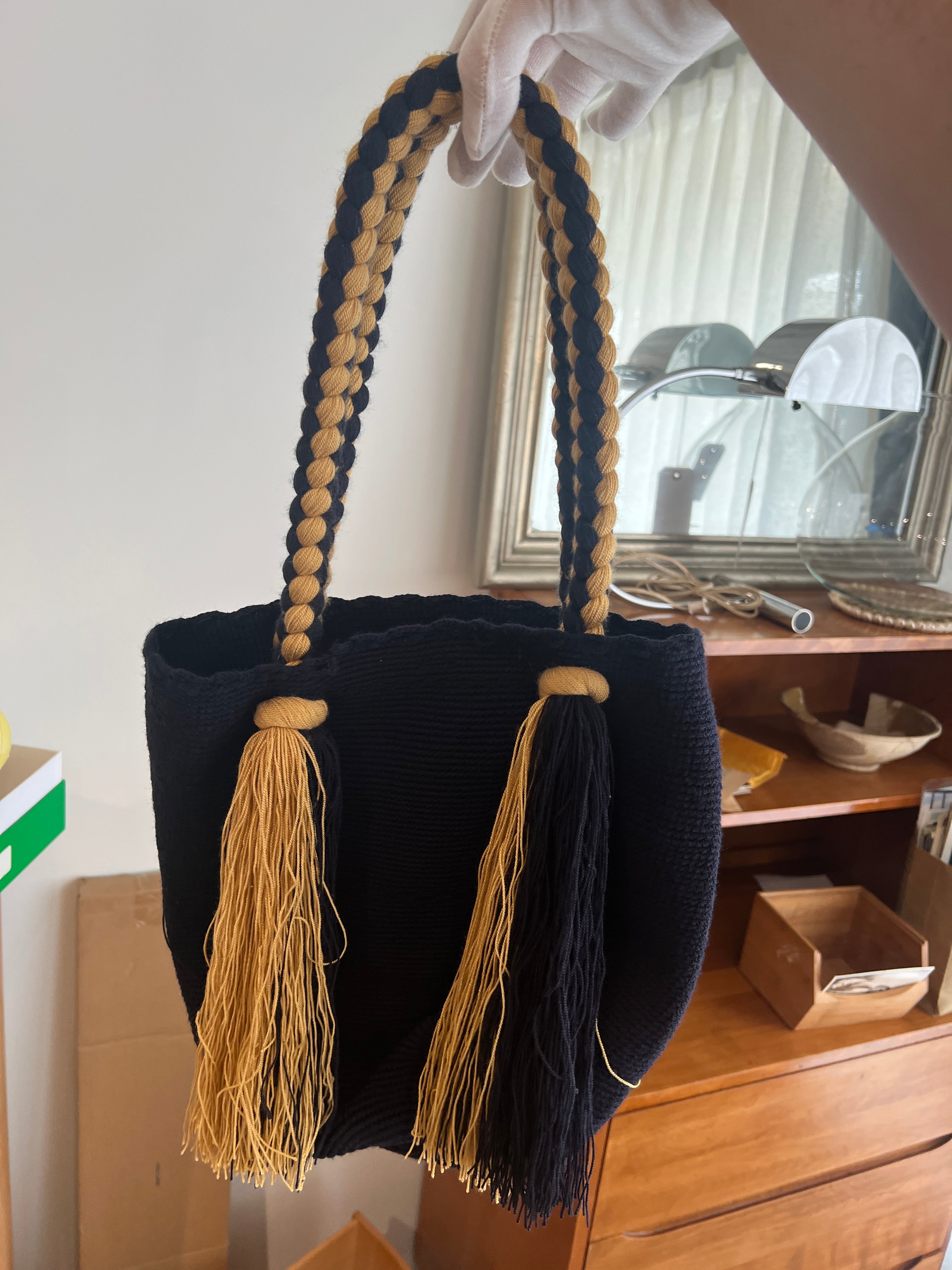 CROCHET NAVY BLUE AND GOLD TASSEL TOTE